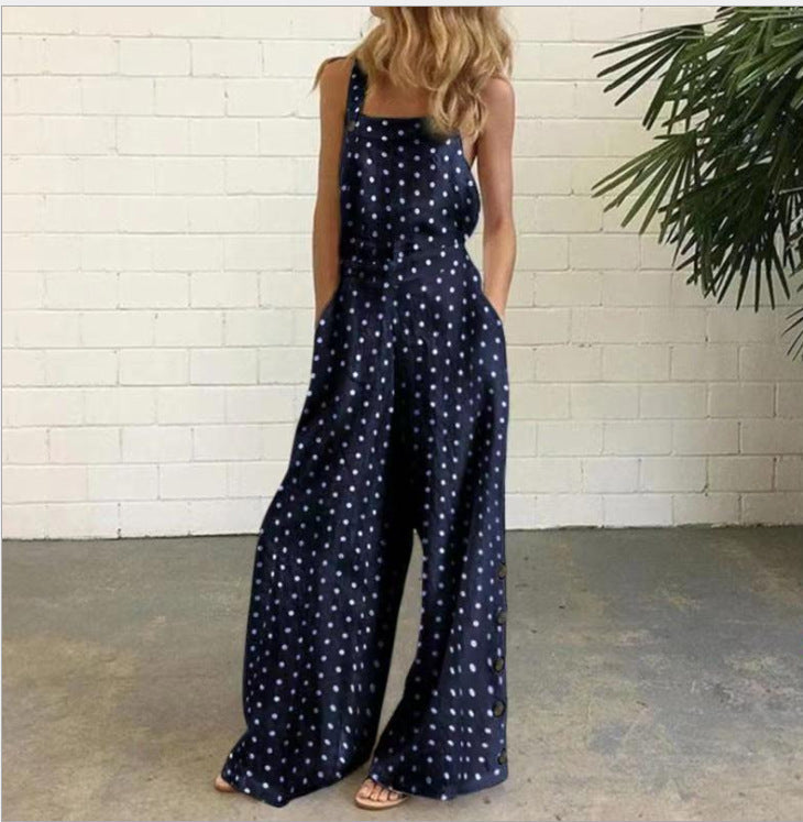 Cotton Linen Printed Button Trim Suspenders Jumpsuit