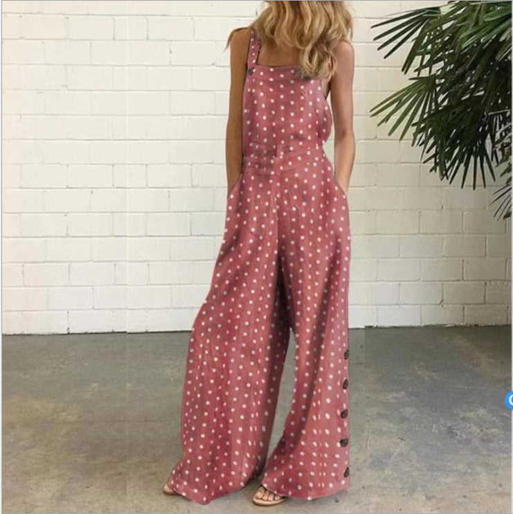 Cotton Linen Printed Button Trim Suspenders Jumpsuit