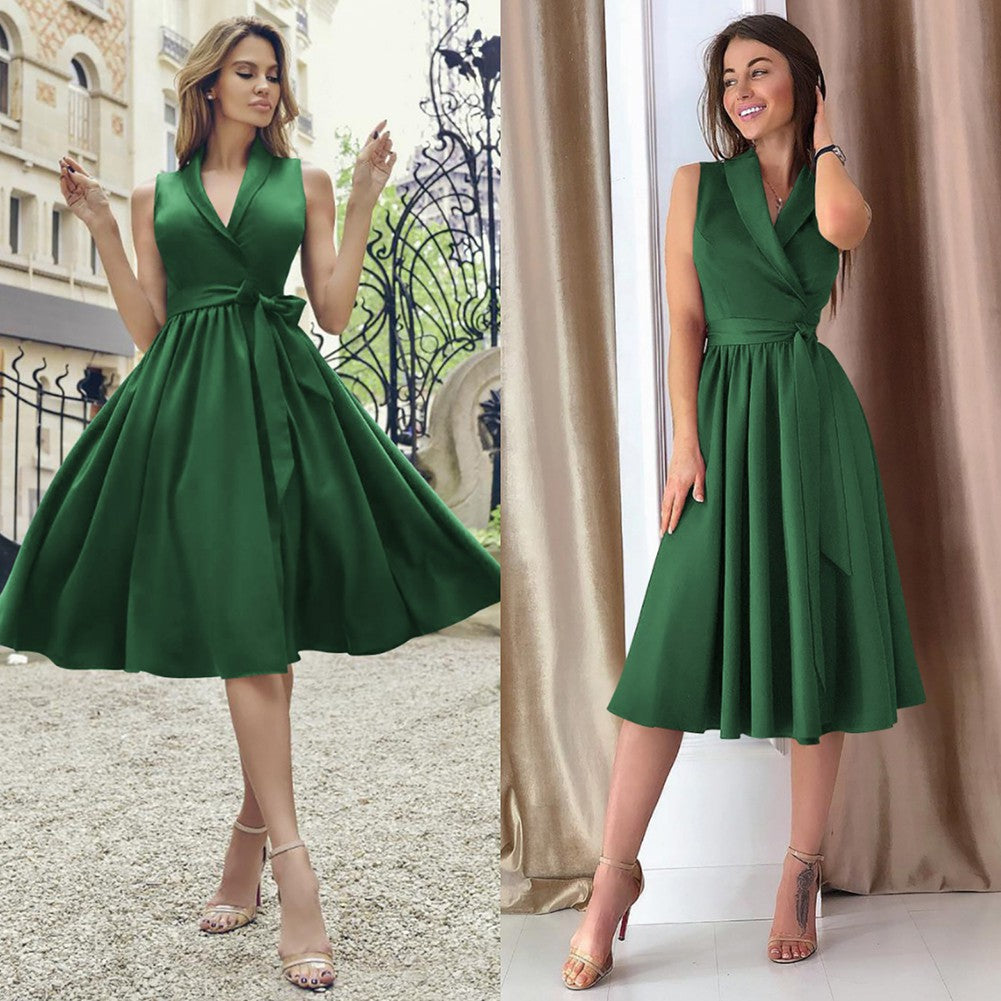 Dies Casual Sleeveless Belt Midi Dress for Women