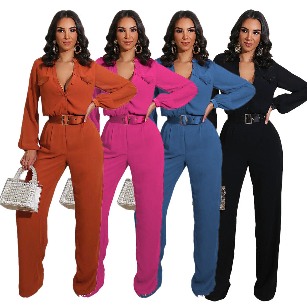 Casual Loose Long-Sleeve Women's Slim Jumpsuit in Multiple Colors