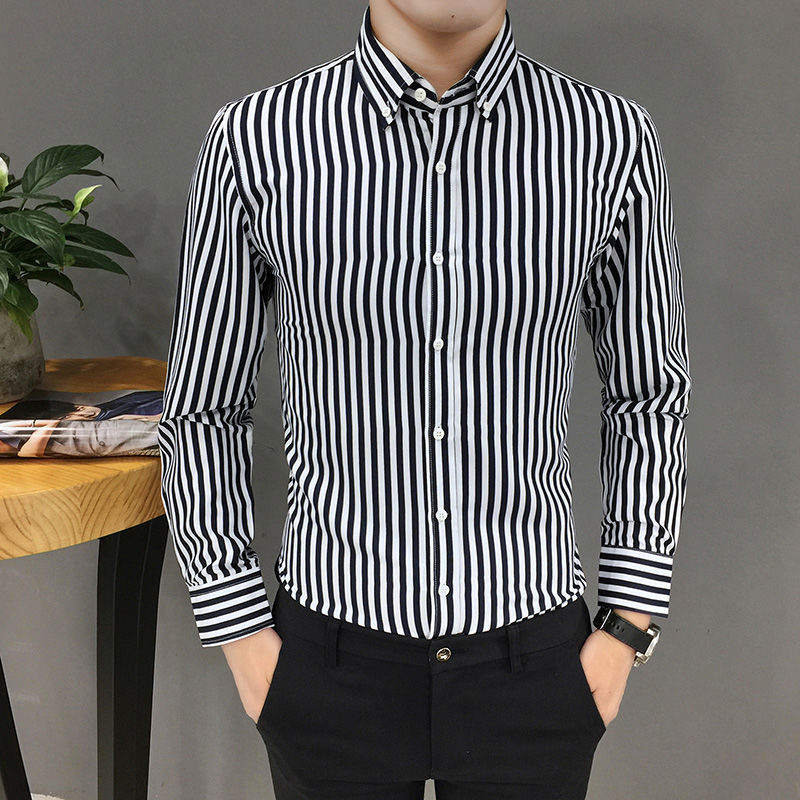 Long-Sleeved Striped Slim Handsome Youth Trendy Casual Printed Shirt