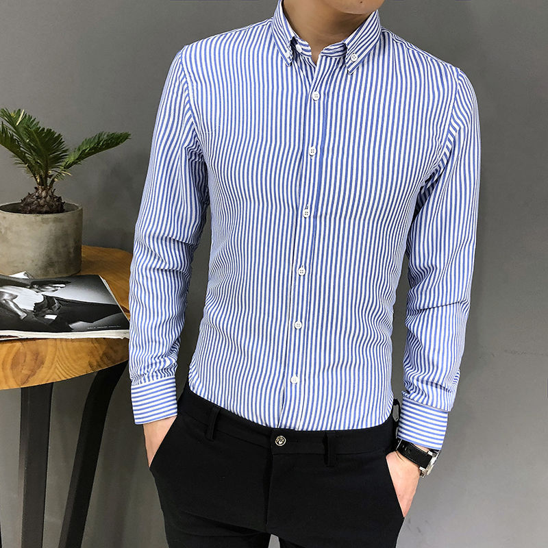 Long-Sleeved Striped Slim Handsome Youth Trendy Casual Printed Shirt