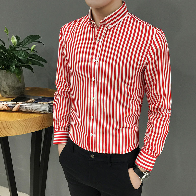 Long-Sleeved Striped Slim Handsome Youth Trendy Casual Printed Shirt