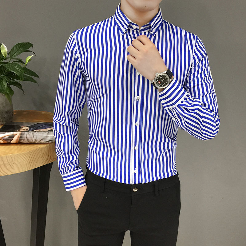 Long-Sleeved Striped Slim Handsome Youth Trendy Casual Printed Shirt