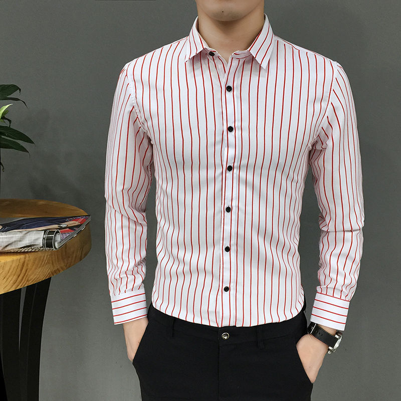 Long-Sleeved Striped Slim Handsome Youth Trendy Casual Printed Shirt