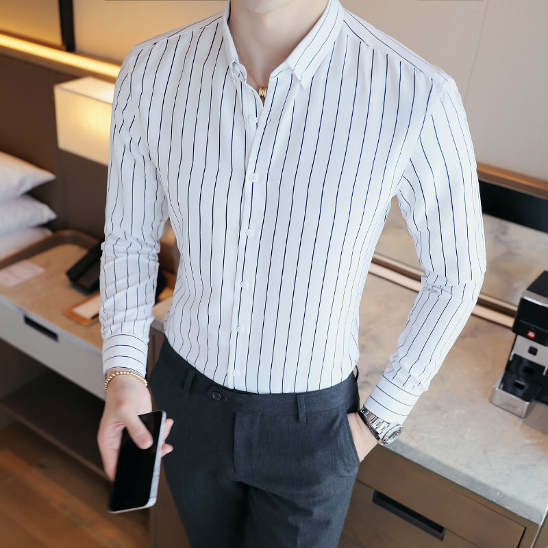 Long-Sleeved Striped Slim Handsome Youth Trendy Casual Printed Shirt