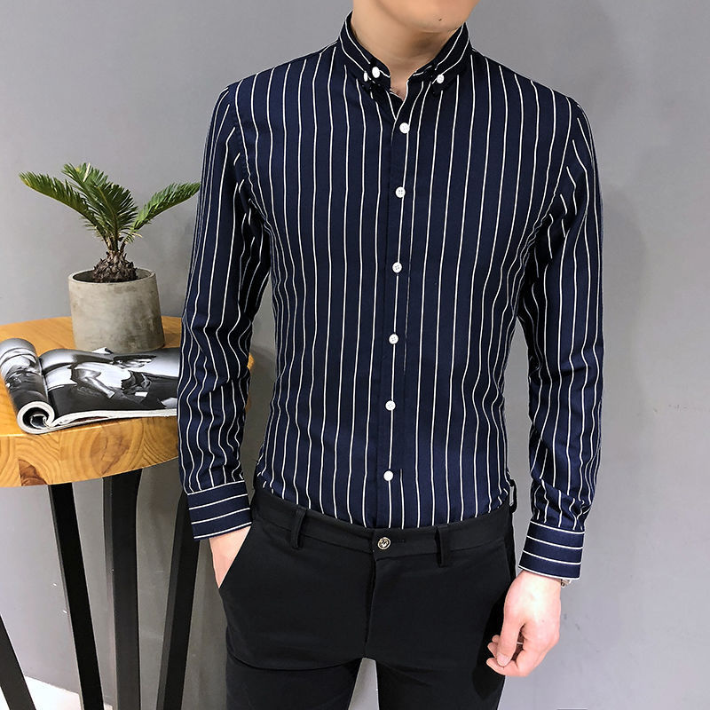Long-Sleeved Striped Slim Handsome Youth Trendy Casual Printed Shirt