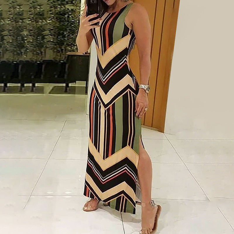 Colorful Striped Side Slit Sleeveless Maxi Dress for Women