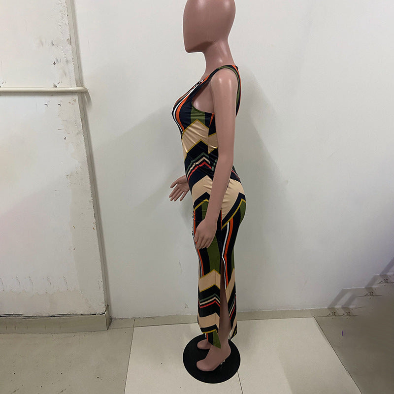 Colorful Striped Side Slit Sleeveless Maxi Dress for Women