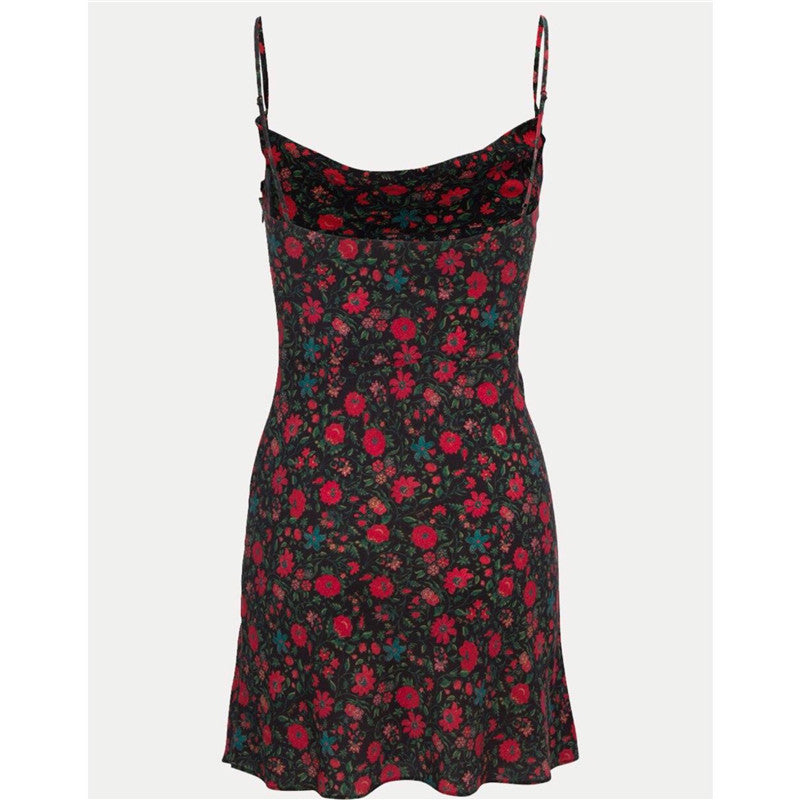 Silk Floral Print Neck Sling Swing Dress