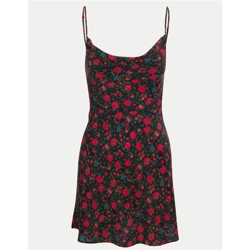 Silk Floral Print Neck Sling Swing Dress