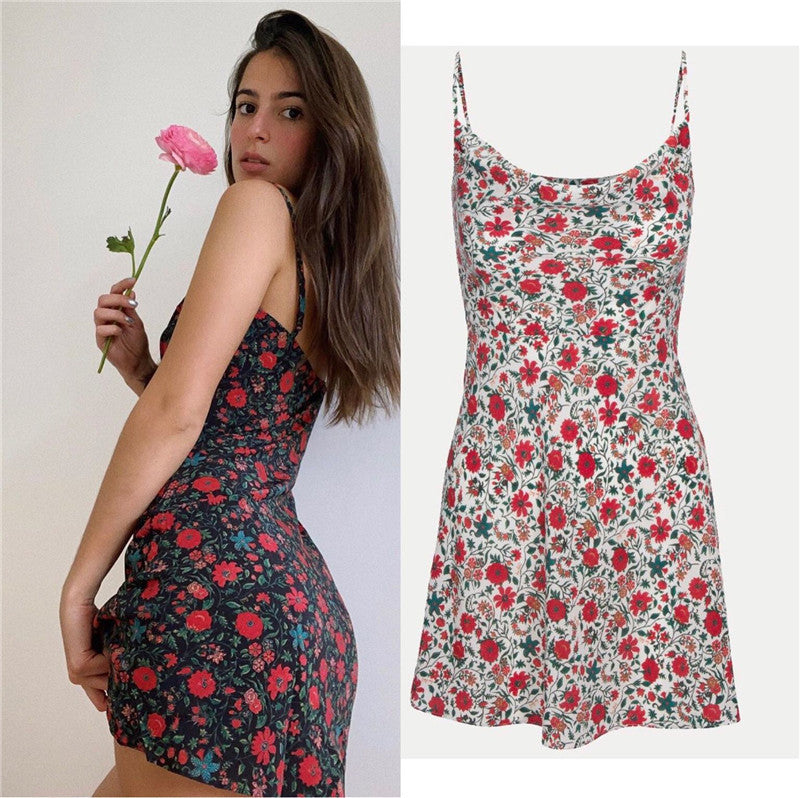 Silk Floral Print Neck Sling Swing Dress