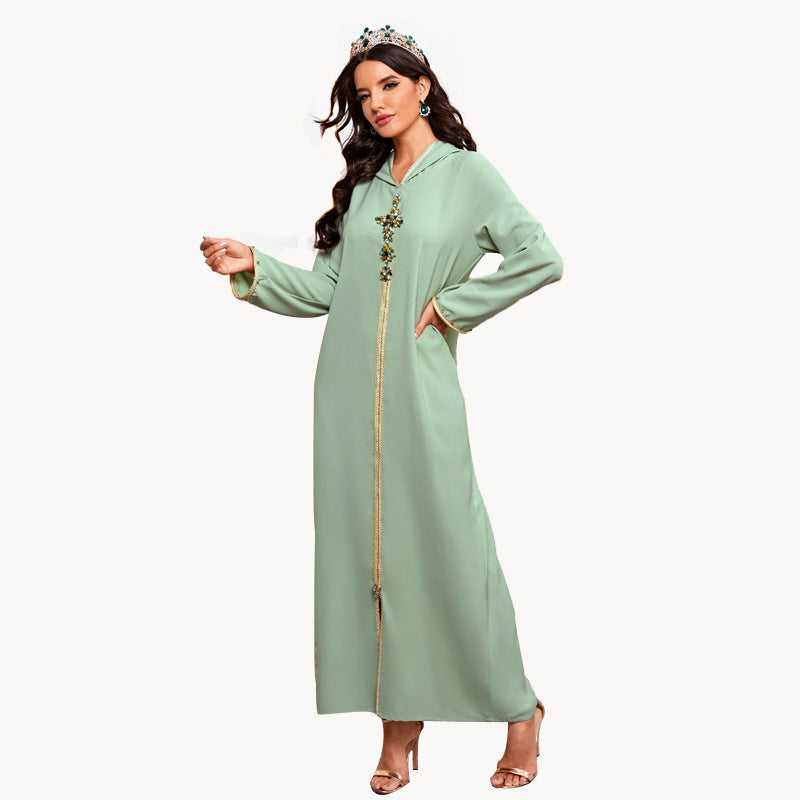 Pure Color Beaded Hooded Middle Eastern Robe Dress