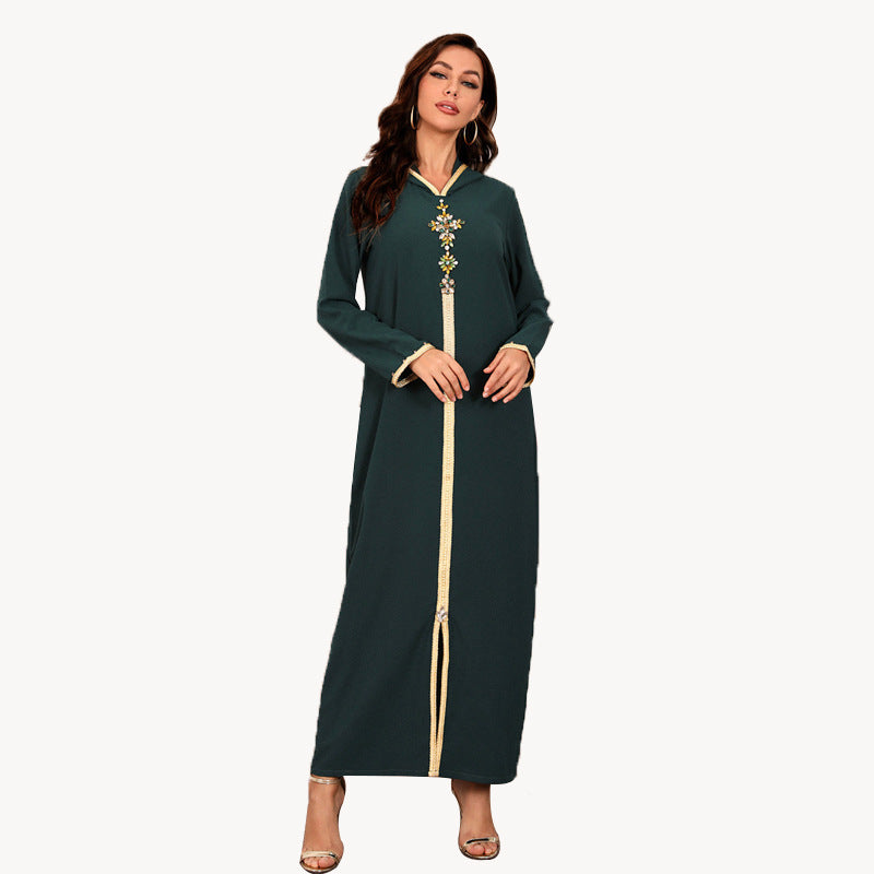Pure Color Beaded Brick Middle Eastern Robe Dress Hooded Dress