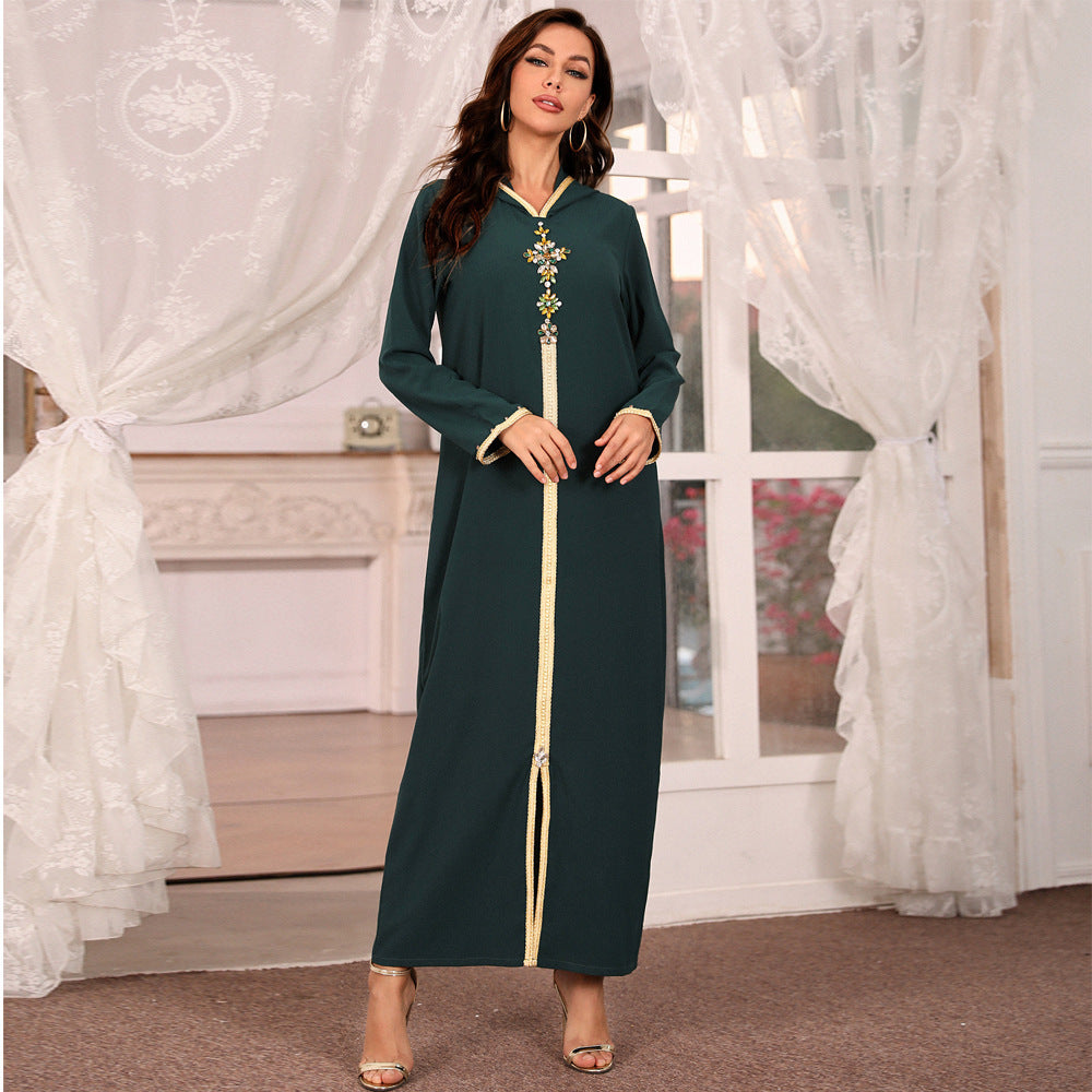 Pure Color Beaded Hooded Middle Eastern Robe Dress
