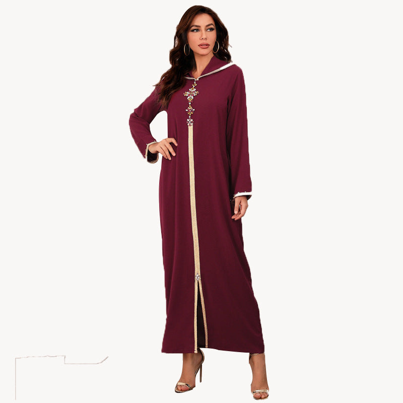 Pure Color Beaded Hooded Middle Eastern Robe Dress