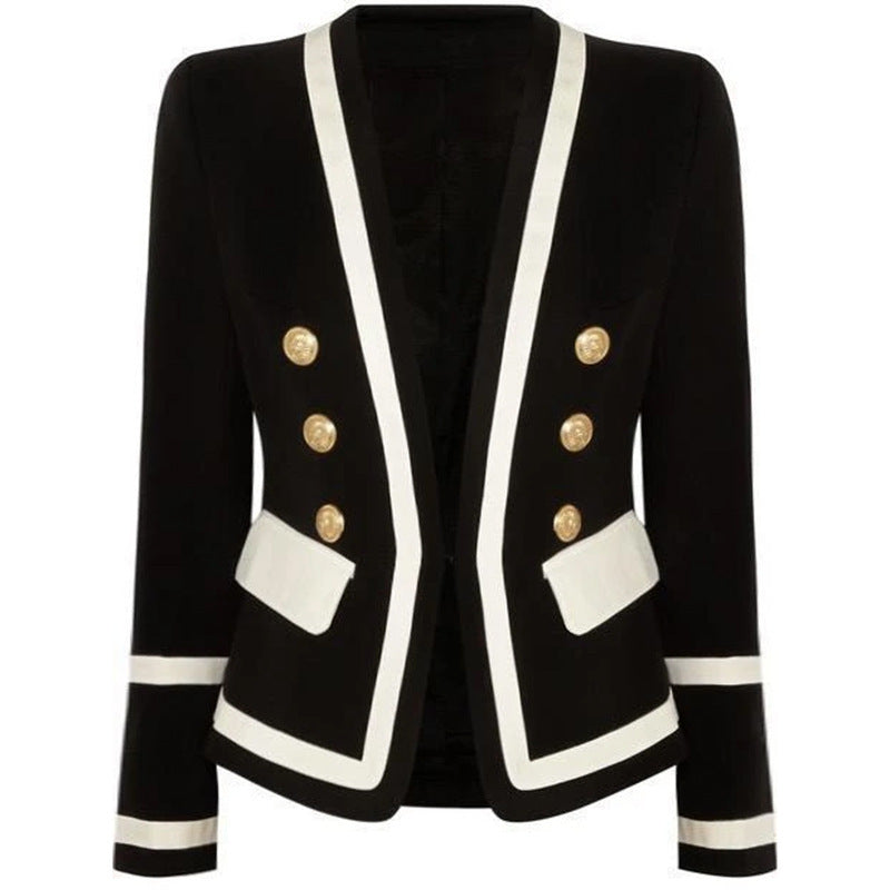 Spot Fashion Handsome Jacket Metal Double-Breasted Black And White Contrast Color Slim Small Suit