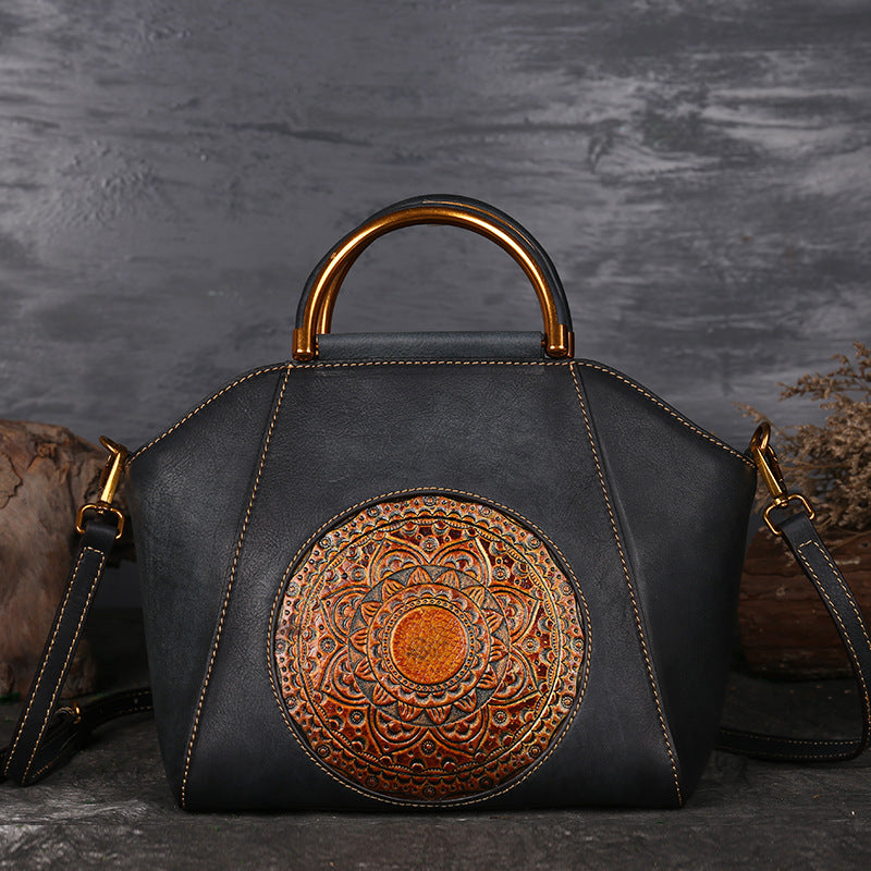 Women’s Leather Handbag Totem Embossed Head Layer Cowhide Shell Bag