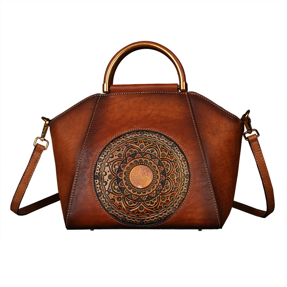 Women’s Leather Handbag Totem Embossed Head Layer Cowhide Shell Bag