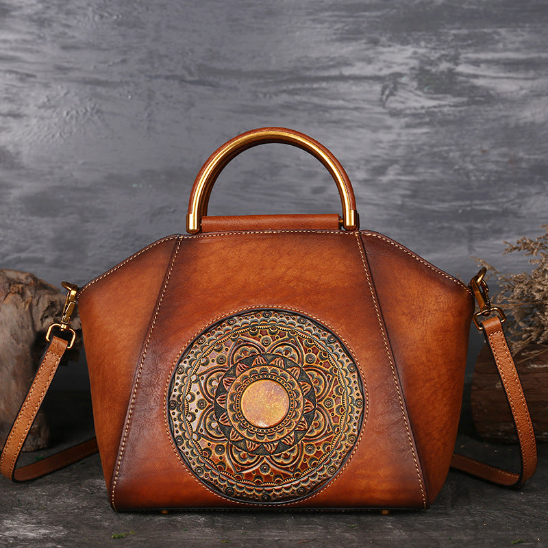 Women’s Leather Handbag Totem Embossed Head Layer Cowhide Shell Bag