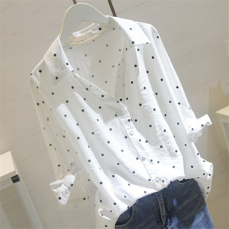 Polka Dot Sweet Fashion Shirt Women Summer New Style V-Neck Loose Tie Short-Sleeved Korean Shirt Women