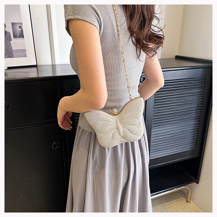 Butterfly Stripe Clipped Button Metal Chain Bag for Women
