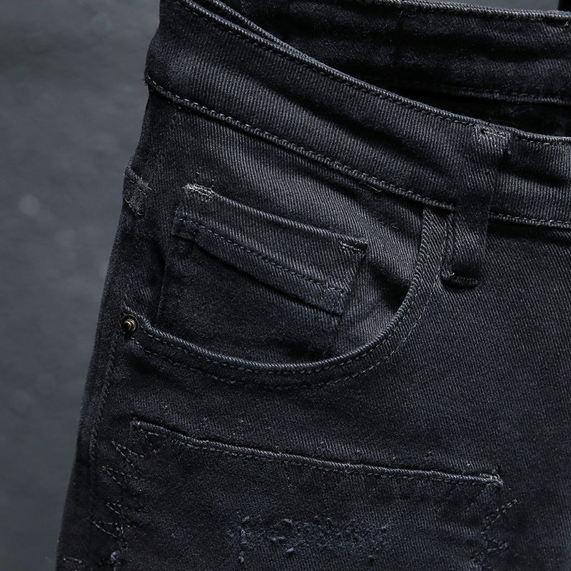 Jean Noir Pur Déchiré Extensible pour Homme – Coupe Droite Décontractée, Taille Moyenne, Longueur Neuf-Dixième