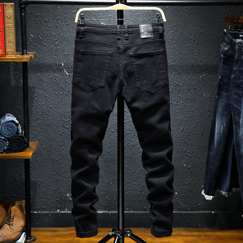 Jean Noir Pur Déchiré Extensible pour Homme – Coupe Droite Décontractée, Taille Moyenne, Longueur Neuf-Dixième