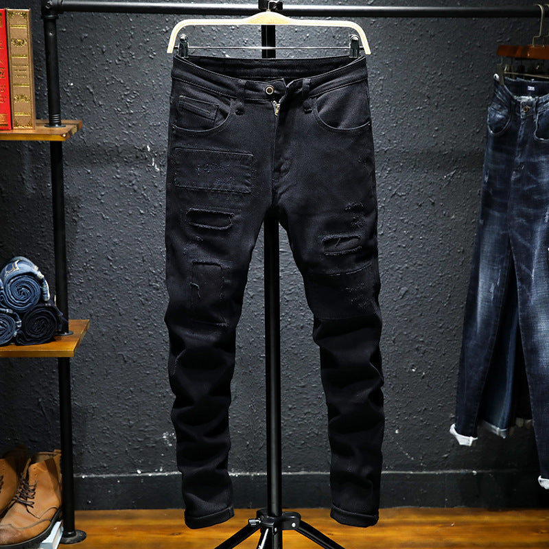 Jean Noir Pur Déchiré Extensible pour Homme – Coupe Droite Décontractée, Taille Moyenne, Longueur Neuf-Dixième