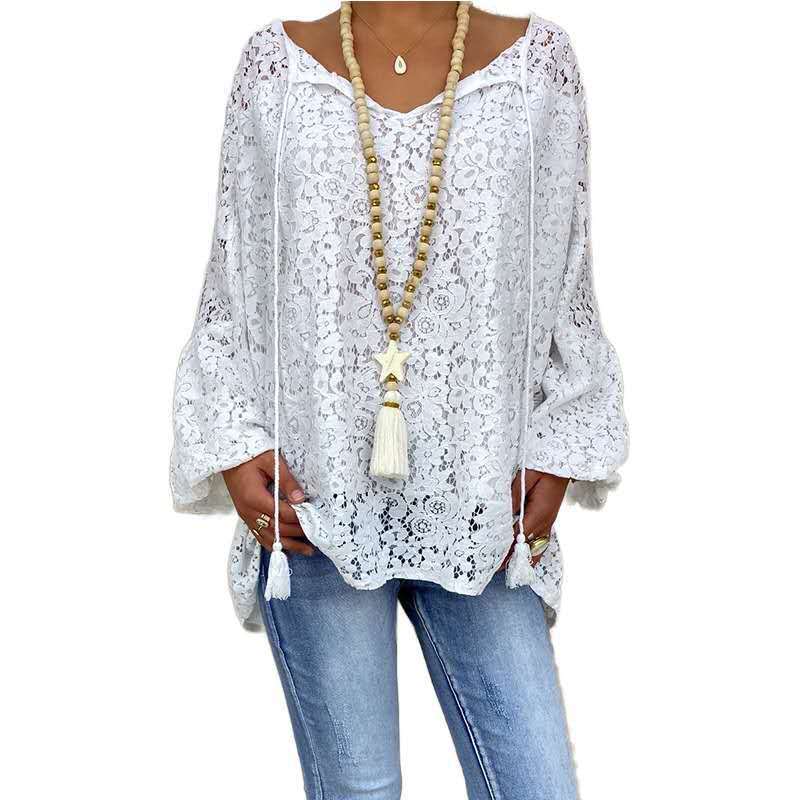 Blouse ample en dentelle ajourée blanche col en V à manches longues