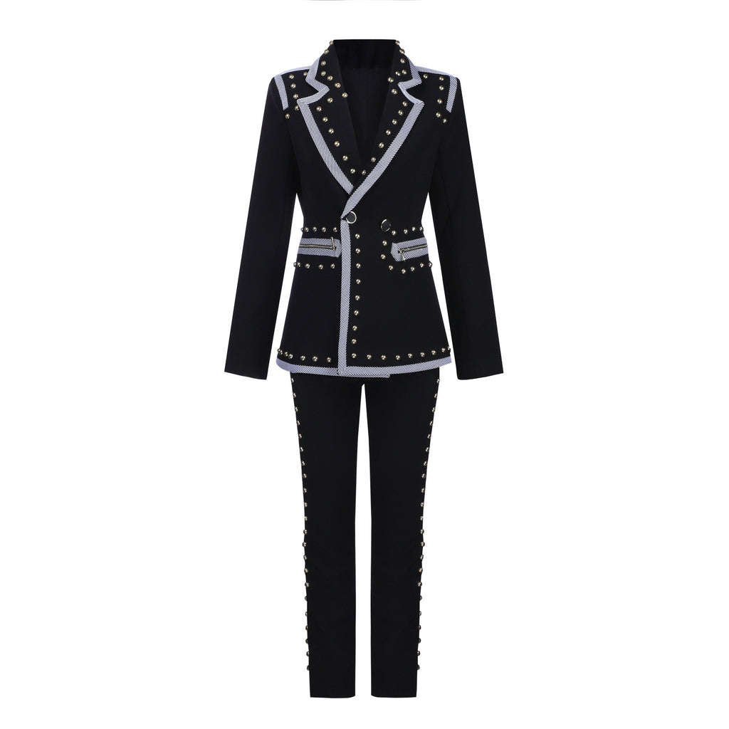 Ensemble deux pièces en velours doré d'automne avec fermeture éclair et pantalon évasé