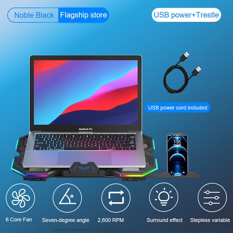 Laptop Cooling Fan Radiator Base with 6 Fans, 7 Heights & Light Adjustment