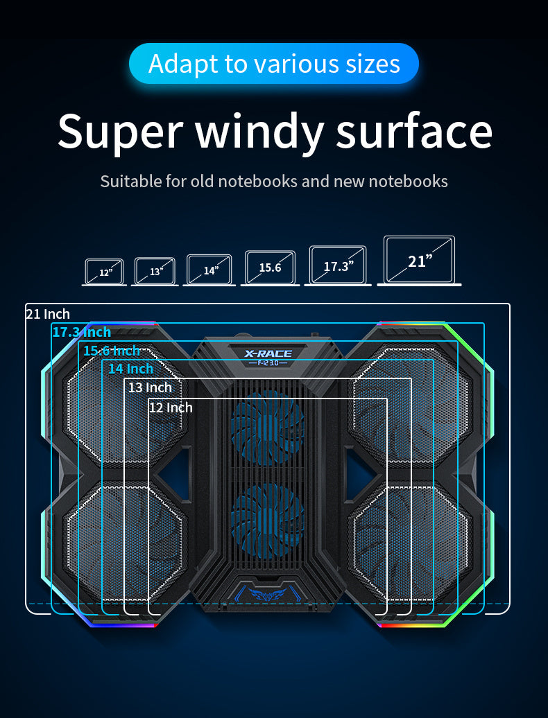 Laptop Cooling Fan Radiator Base with 6 Fans, 7 Heights & Light Adjustment