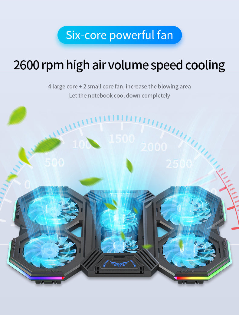 Laptop Cooling Fan Radiator Base with 6 Fans, 7 Heights & Light Adjustment