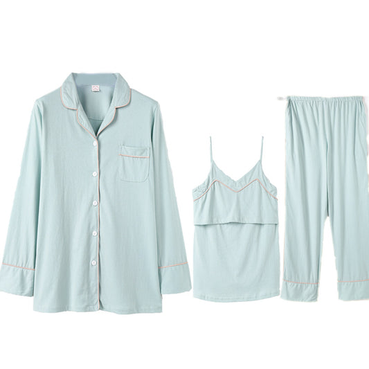 Three-Piece Cotton Confinement Suit for Pregnant Women – Spring & Autumn Nursing Pajamas for Breastfeeding and Outings