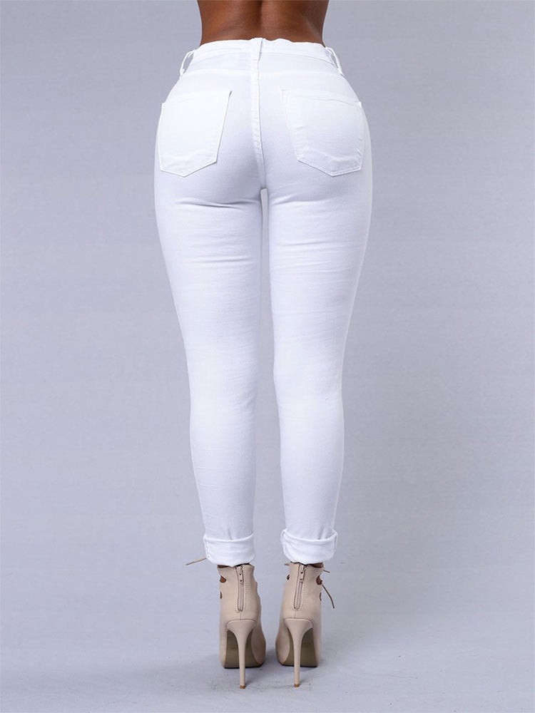 Jean slim taille haute déchiré pour femme - Pantalon crayon décontracté