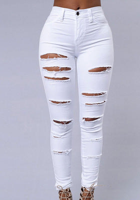 Jean slim taille haute déchiré pour femme - Pantalon crayon décontracté