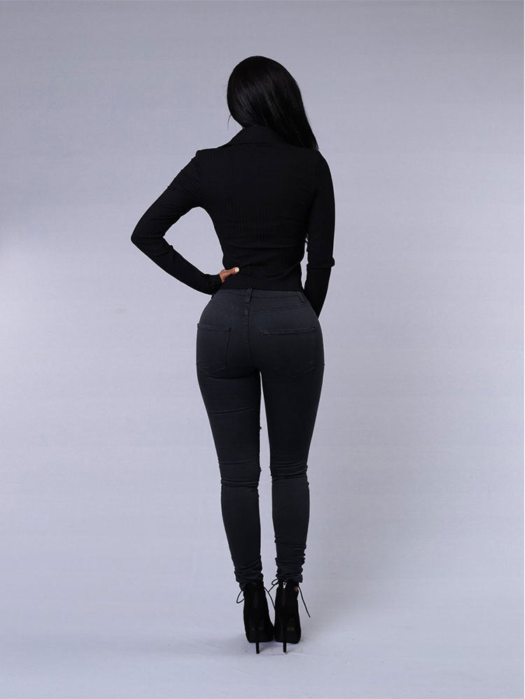 Jean slim taille haute déchiré pour femme - Pantalon crayon décontracté
