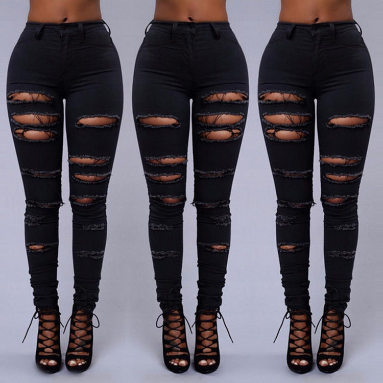 Jean slim taille haute déchiré pour femme - Pantalon crayon décontracté