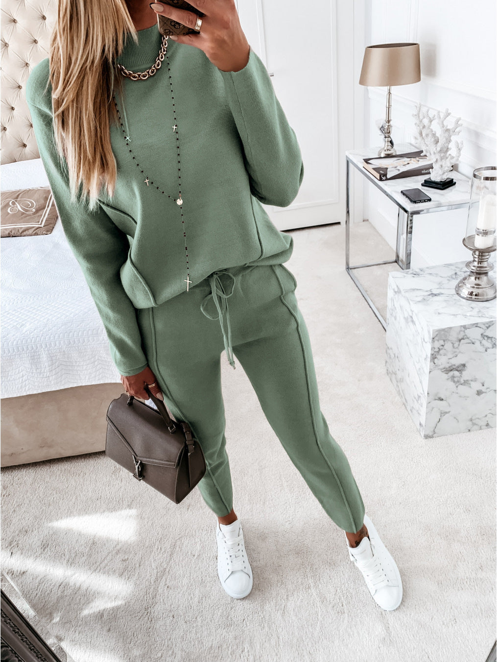 Turtle Neck Long Sleeve Fleece Trousers Two-Piece Women