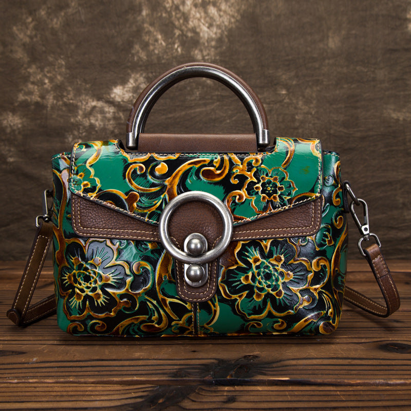Cowhide Retro Embossed Horizontal Shoulder Bag for Women