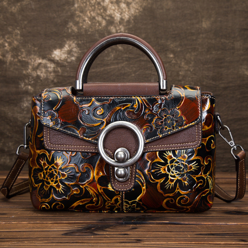 Cowhide Retro Embossed Horizontal Shoulder Bag for Women