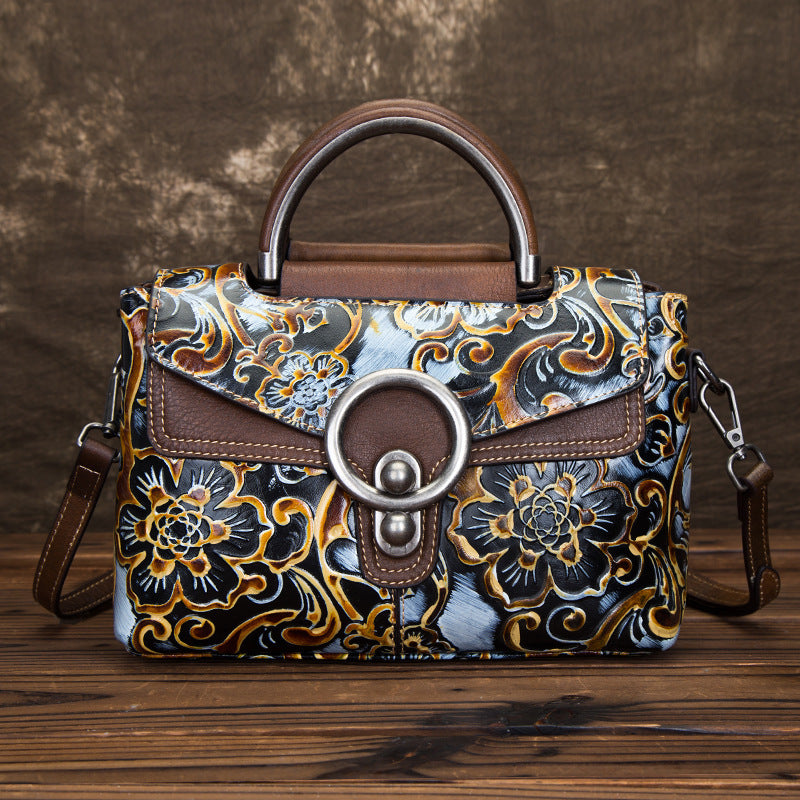 Cowhide Retro Embossed Horizontal Shoulder Bag for Women