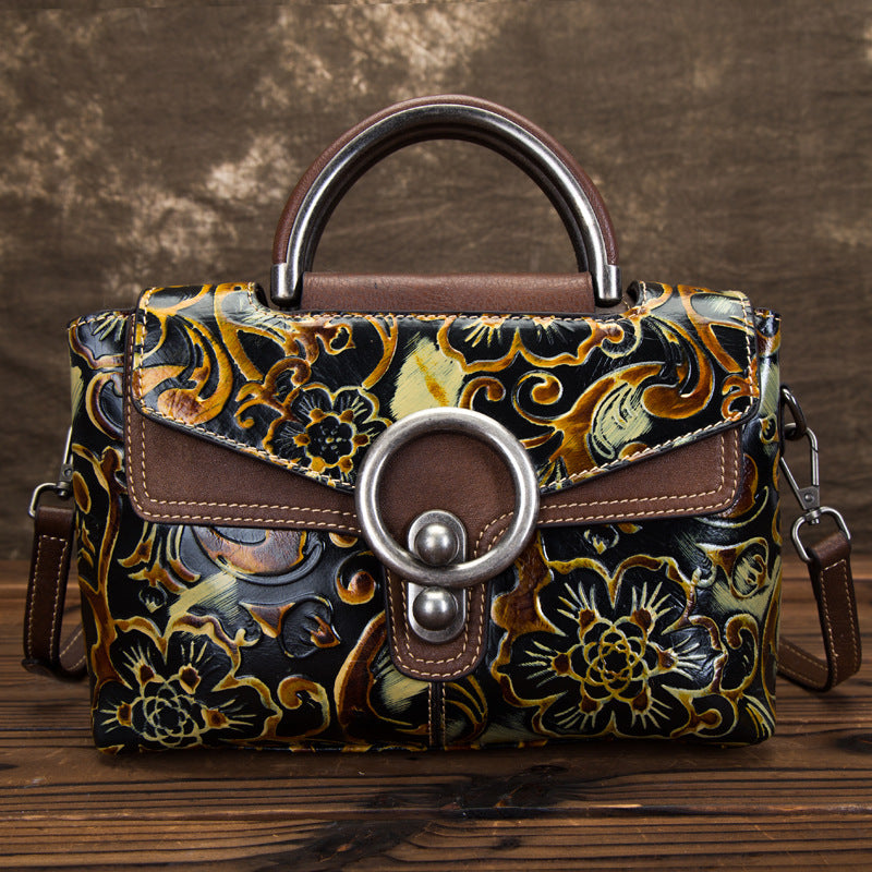 Cowhide Retro Embossed Horizontal Shoulder Bag for Women