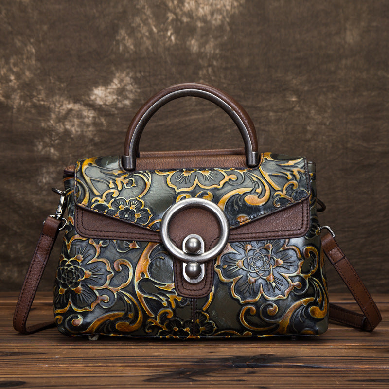Cowhide Retro Embossed Horizontal Shoulder Bag for Women