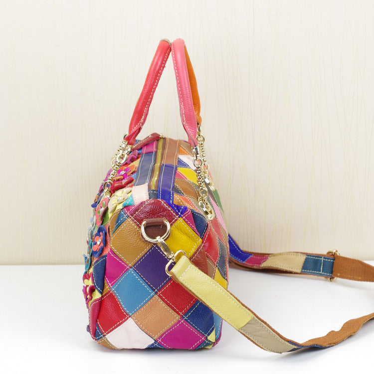 Cowhide Colorful Flower Shoulder Handbag