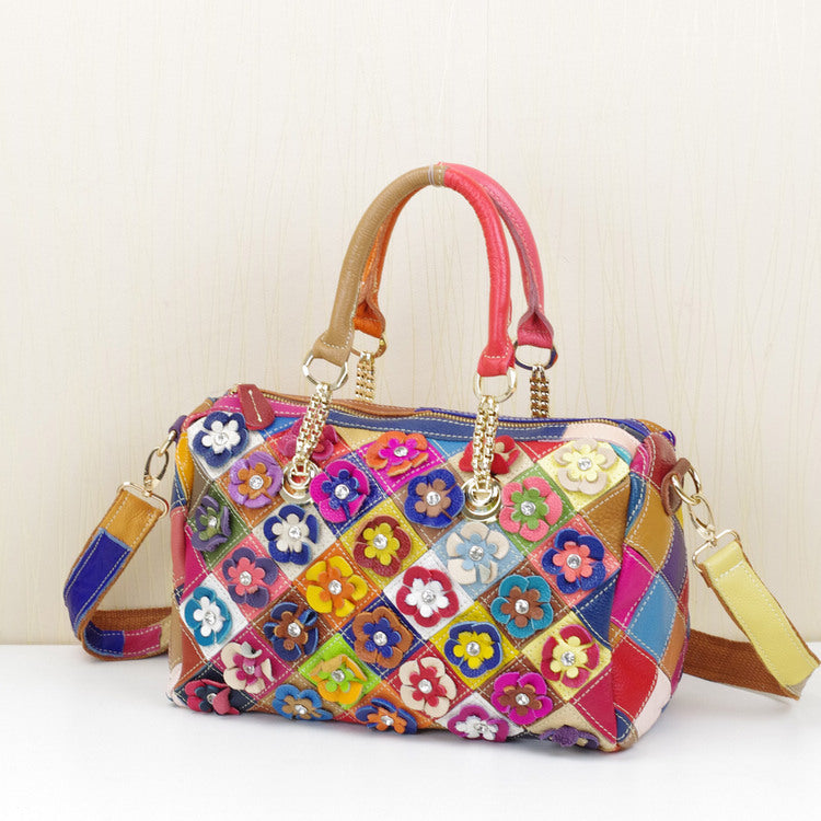 Cowhide Colorful Flower Shoulder Handbag