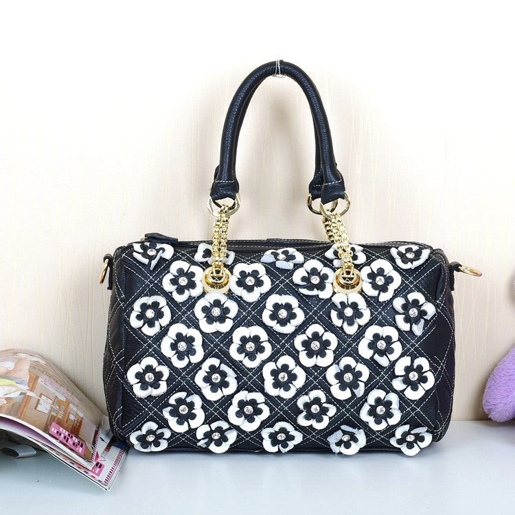 Cowhide Colorful Flower Shoulder Handbag