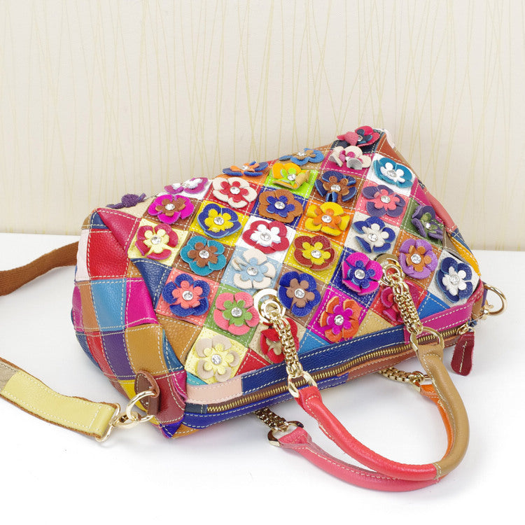 Cowhide Colorful Flower Shoulder Handbag