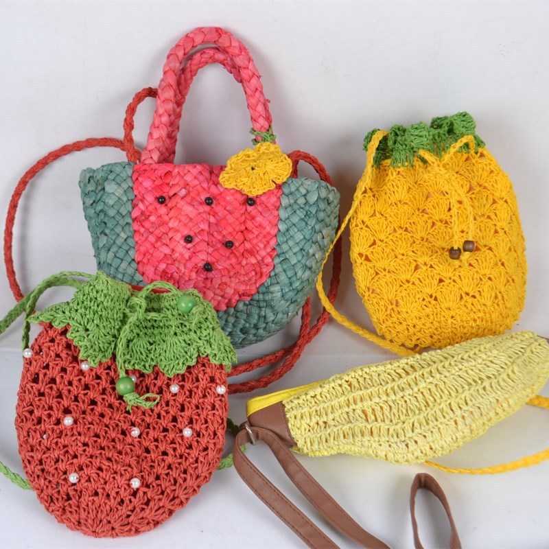 Women’s Medium Fruit-Shaped Woven Straw Bag – Watermelon, Strawberry, Pineapple, Banana